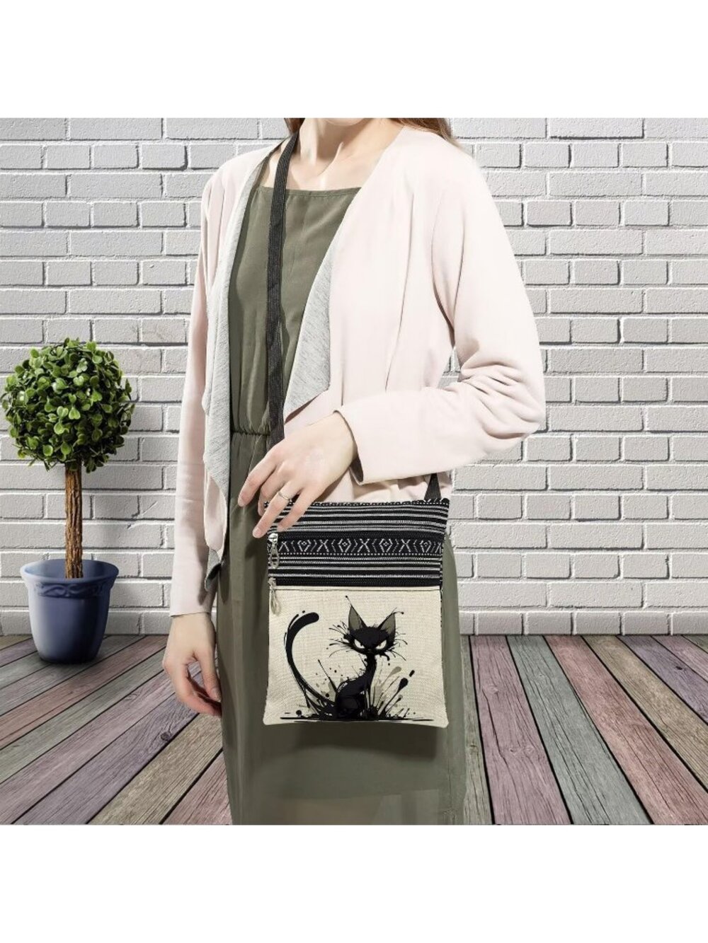 Women Splash Ink Cat Cute Kitten Purse Lover Gift Zipper Crossbody Bag - Picture 2 of 7